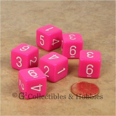 NEW Set of 6 Pink with White Numbers D6 Six Sided RPG D&D Gaming Dice Chessex 