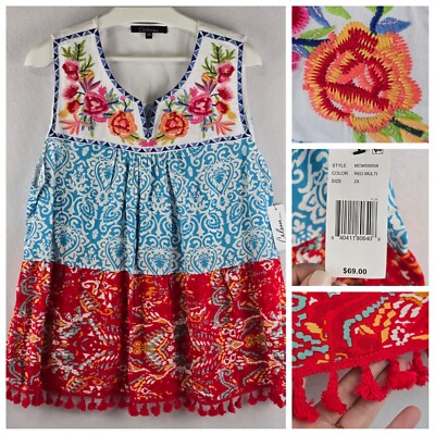 $69 Calessa Plus 2X Embroidered Patchwork Peasant Sleeveless Blouse Boho Tassels