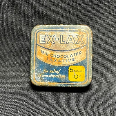 SMALL VINTAGE EX-LAX THE CHOCOLATE LAXATIVE ''6 TABLETS FOR 10 CENTS'' SQUARE TIN