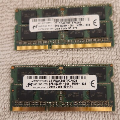 Pair Micron 8GB X 2 (16GB) 204Pin SO-DIMM DDR3L Laptop RAM (MT16KTF1G64HZ-1G6N1)