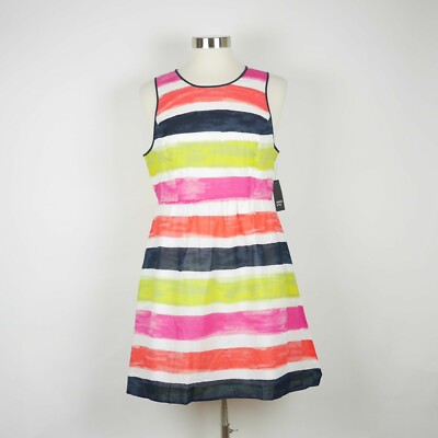CROWN & IVY Women's 12p Pink white & yellow striped sleeveless A line dress