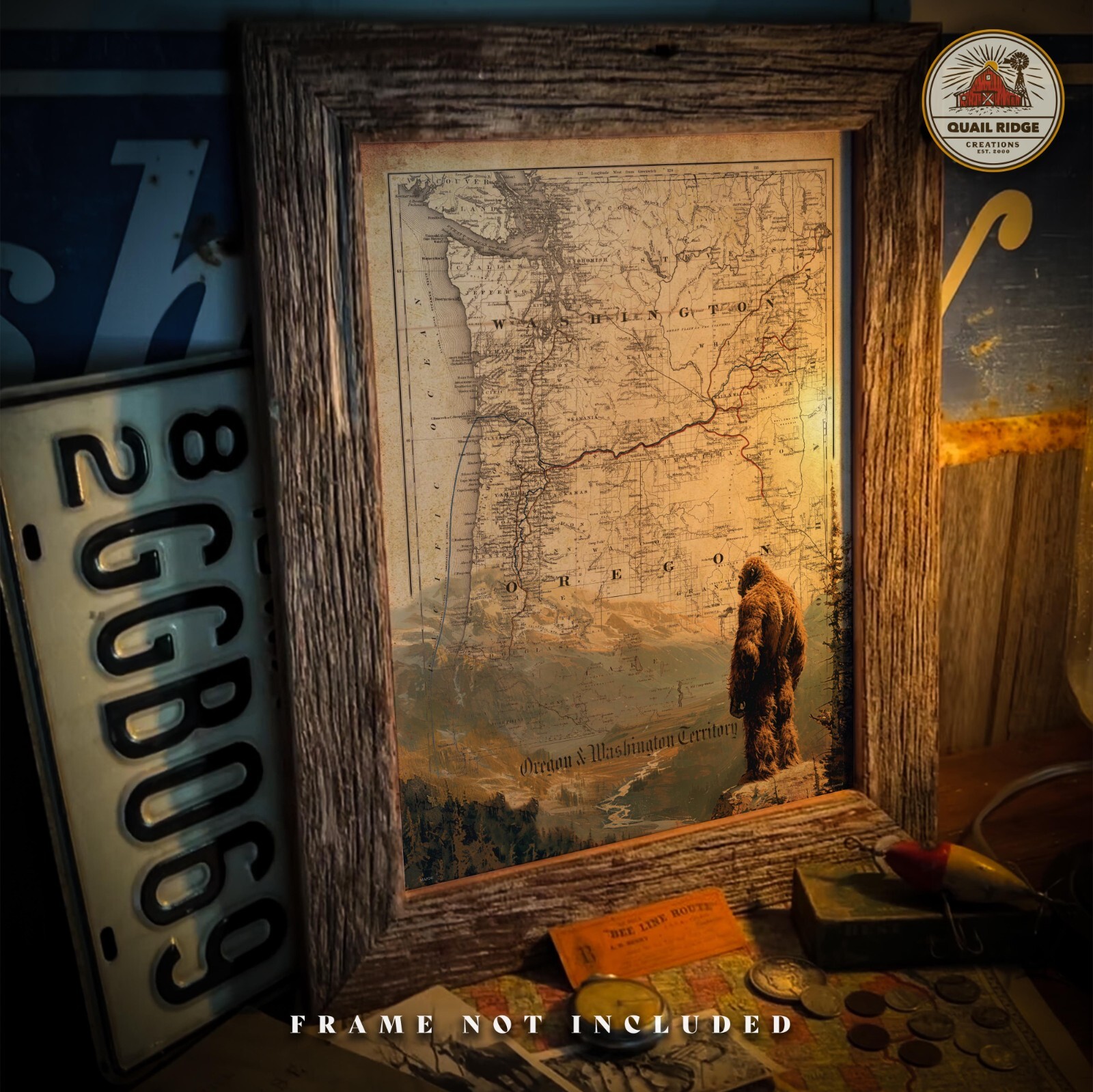 Sasquatch Bigfoot Art Print Vintage Washington Oregon State Map Wall Decor Gift