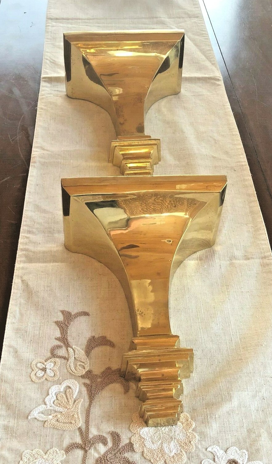 Vintage Pair Hollywood Regency Solid Brass Wall Bracket Shelf Sconce Heavy