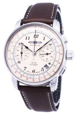 Pre-owned Zeppelin Lz126 Los Angeles Beige Dial 7614-5 Brown Leather Strap Men's Watch 50m