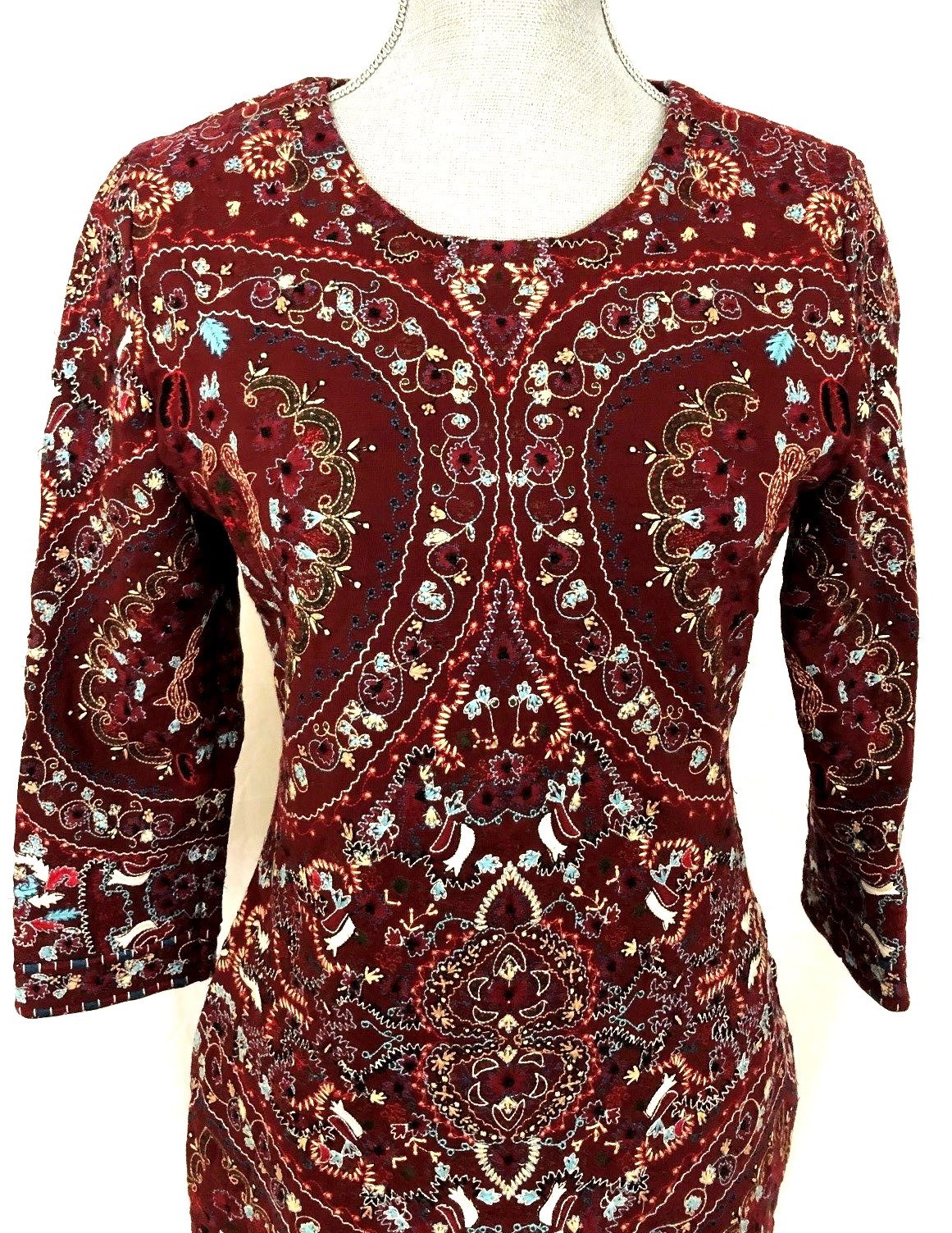 Pre-owned Haute Hippie 3/4 Sleeve Merlot Embroidered Sheath Mini Dress - 10 - $1,095 In Red
