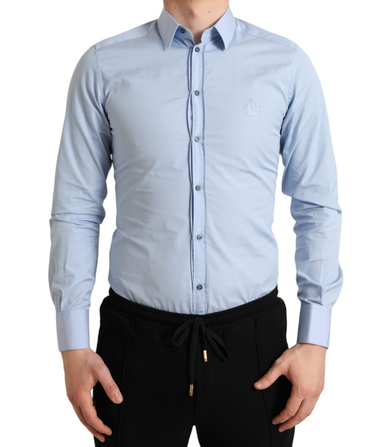 Pre-owned Dolce & Gabbana Shirt Dress Gold Sky Blue Cotton Men Formal 38/us15/xs 420usd
