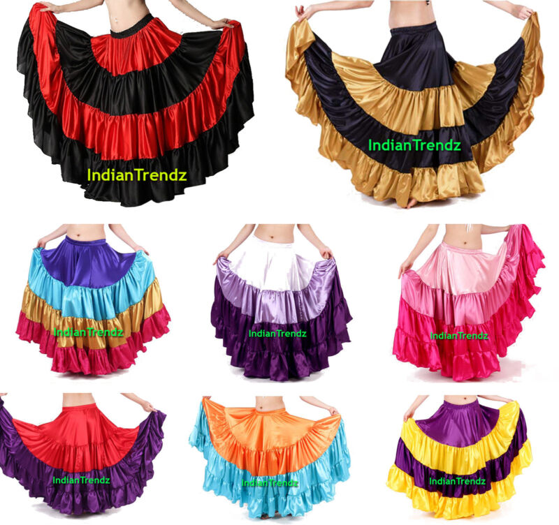 Mix Color Satin 6 - 12 - 25 Yard Tiered Gypsy Skirt Belly Dance Ruffle Flamenco