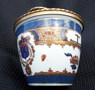 PARIS ANTIQUE PORCELAIN & GILT BRONZE FRENCH INKWELL AMORIAL BRUSH POT E. Samson