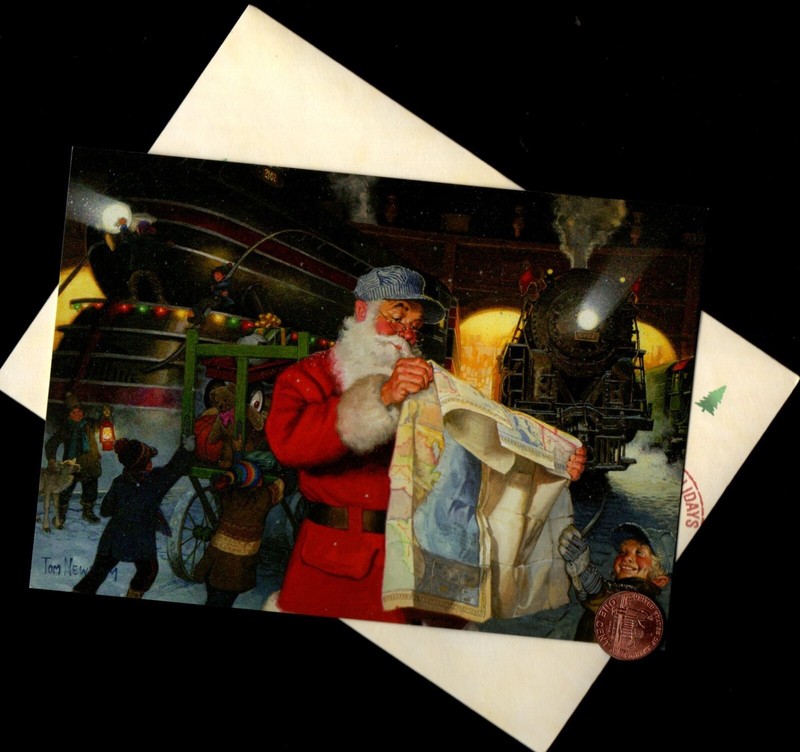 HTF CHRISTMAS Santa Train Maps Light Steam - Greeting Card