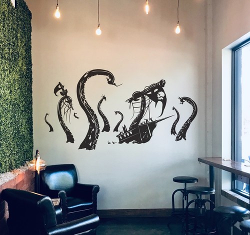 Pirate Ships attacked by Kraken Wall Decal Sticker. Beach Nautical Theme Decor.