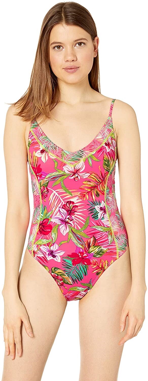 Hobie Women's 184934 V-Neck Pink//Flor-all Or Nothing One Piece Swimsuit Size S