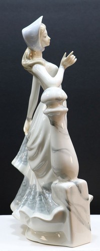 Castille Porcelain Figurine Of Female Standing Next To A Post 11.25" tall, Spain