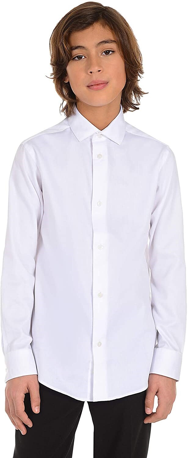 Calvin Klein 188025 Boys Long Sleeve Sateen Dress Shirt Solid White Size 14