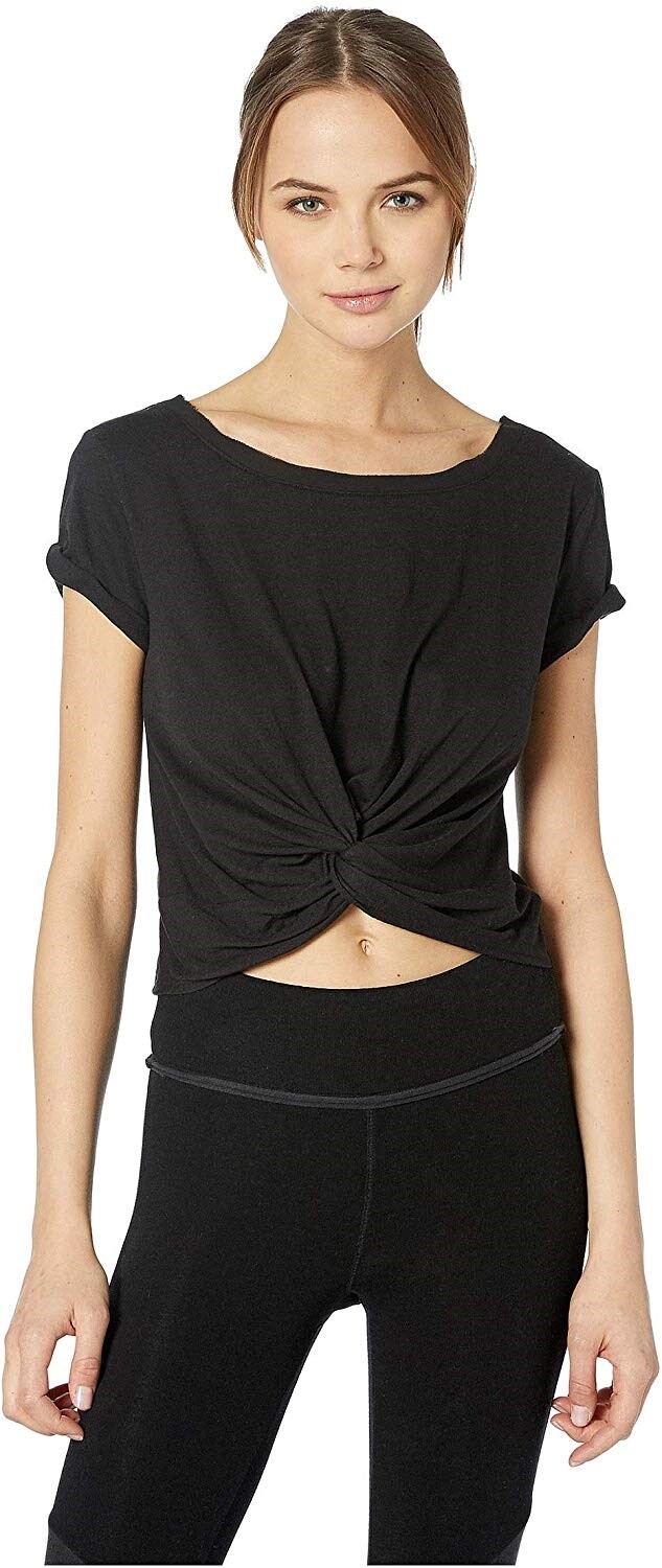 Free People 173265 Womens Solid Short Sleeve Round Neck Tee Black Size Small