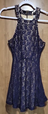 bleuh ciel Halter Dress Lace Overlay Navy/Beige NWT Size M
