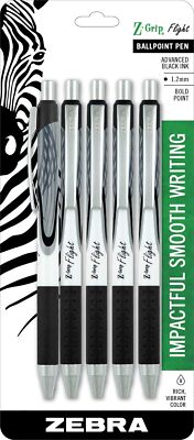 Zebra Pen Z-Grip Flight Retractable 5 Ballpoint Pens Bold Point 1.2mm Black Ink 