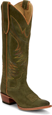 Pre-owned Justin Boots Justin 15in Womens Olive Suede Clara Leather Cowboy Boots