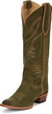 Pre-owned Justin Boots Justin 15in Womens Olive Suede Clara Leather Cowboy Boots