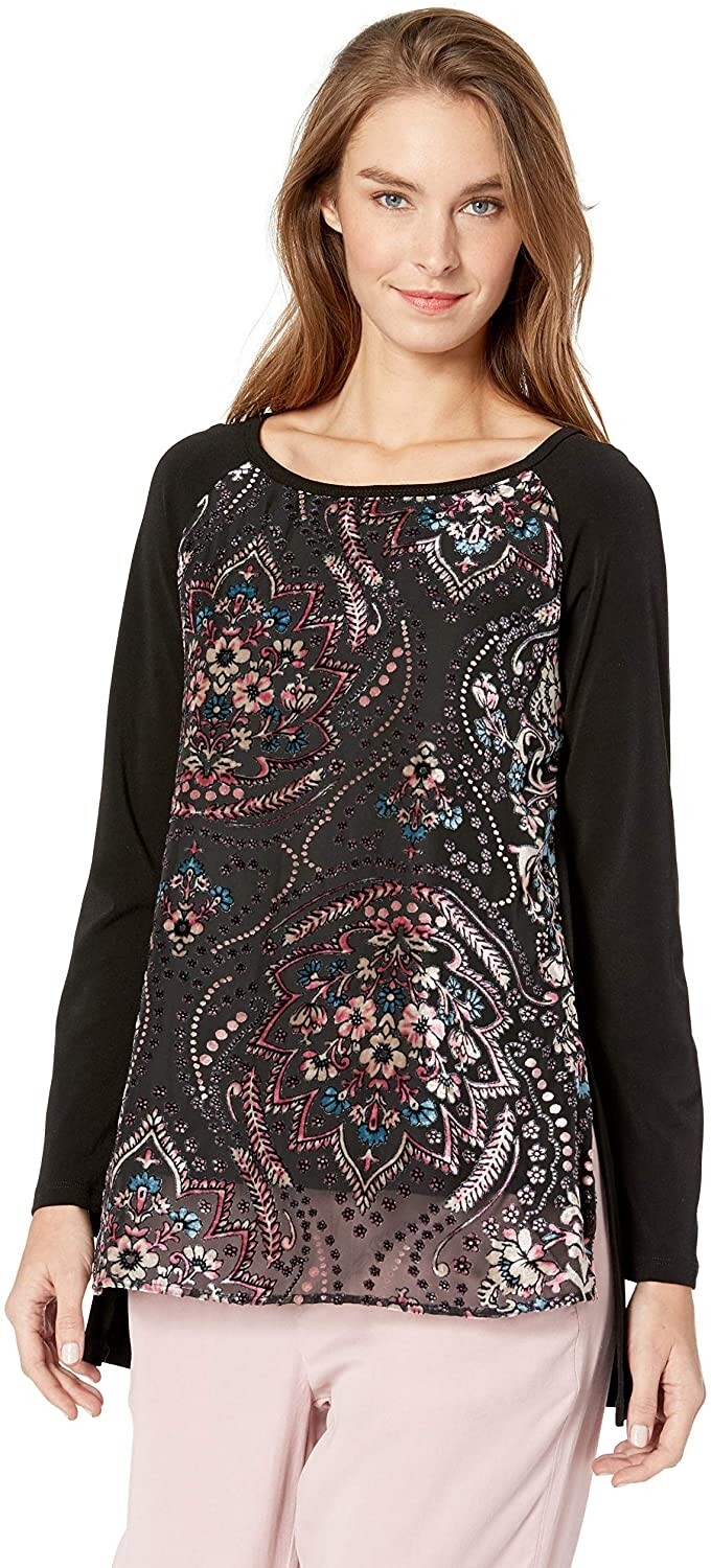 Karen Kane 241193 Womens Long Sleeve Floral Burnout T-Shirt Black Size Large