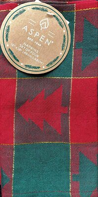 Aspen Home Christmas Tree Woodblock Check Plaid Thick Gold Threading Napkin Set 