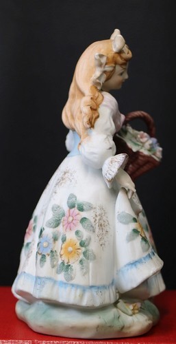 Lefton Girl Figurine, KW133C Young Girl with Flowered dress and Basket of Flower