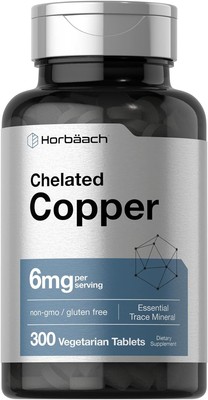 Chelated Copper Supplement 6mg, 300 Tablets, Non-Gmo & Gluten Free, by Horbaach