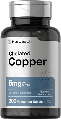 Chelated Copper | 6 mg | 300 Tablets | Vegetarian, Non-GMO | by Horbaach