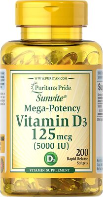 VITAMIN D3 Mega Potency PURITANS PRIDE 5000 IU Immune Supplement 200 Softgels