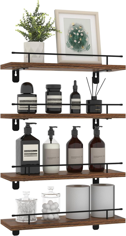 Floating Shelves with Removable Rail Set of 4, Rustic Wall S