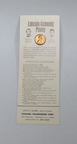 1973 D Lincoln Faces Kennedy Penny Astonishing Coincidences Card Unc #1861 D-3