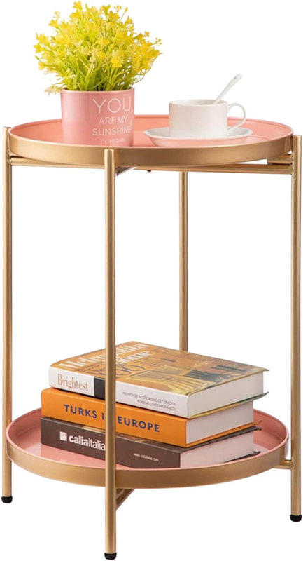 2-Tier round Gold Side Table, Outdoor Small Folding Accent Stand with Removable Tray, Anti-Rust Metal Asional Table for Balcony Patio Living Room, Nightstand for Bedroom(Gold&Pink)