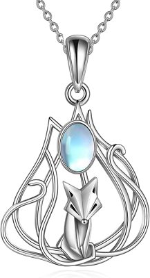 925 Sterling Silver Fox Necklace Moonstone Pendant Jewelry