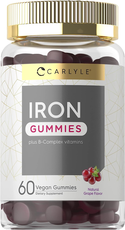Iron Gummies | plus B-Complex Vitamins | 60 Vegan Gummies | Natural Grape Flavor