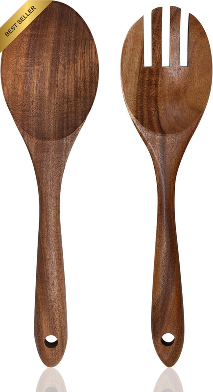 Wooden Salad Servers 10 Inch - Tongs, Spoons and Fork Claw 2 Set for Serving - W