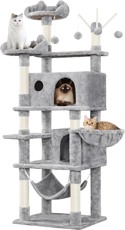 Cat Tree, 67In Large Cat Tower for Indoor Cats, Multi-Level Scratching Post with 3 Cat Teaser Sticks & Condo, Cat Activity Center, Play Tower, Pet House Furniture W/Perch, Hammock, Basket