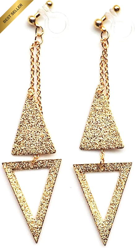 Clip On Earrings Women Dangle Gold Triangle Hoop Long Chain Invisible Non Pierce