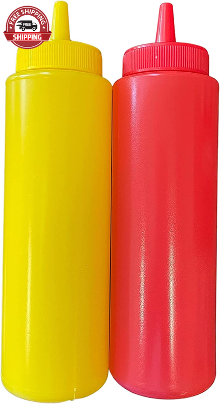 Ketchup and Mustard BPA Free Food Prep Cute Set of 2 Plastic Squeeze Bottles for