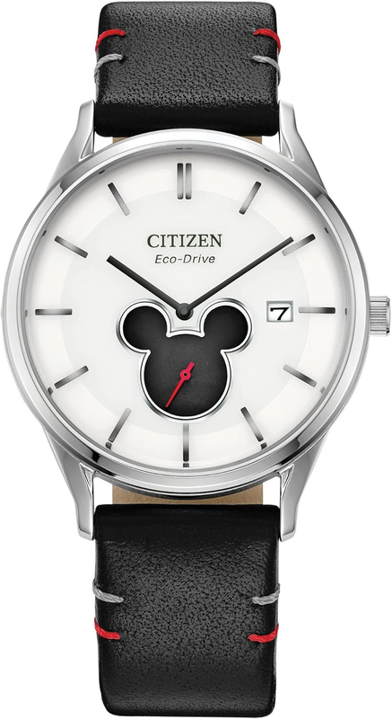 Pre-owned Citizen Eco-drive Disney Unisex Watch, Stainless Steel With Leather Strap, Micke In Black Strap, Silver-white