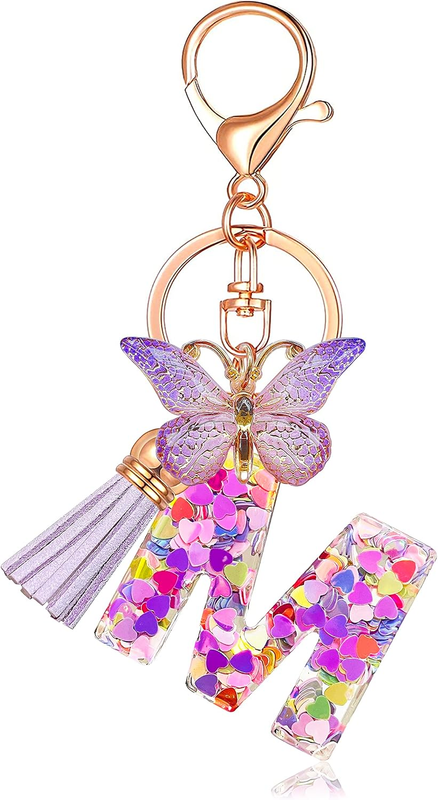 Initial Letter Keychains for Women Tassel Butterfly Pink Purple Cute Car Keychai