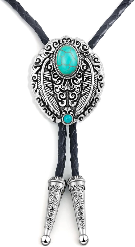 Vintage Turquoise Stone Bolo Tie for Men Western Cowboy Oval Cool Retro Bola Tie