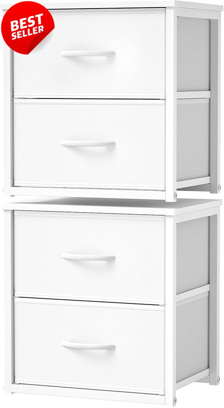 2 Pack Stackable Closet Storage Drawers Wood Top Metal Frame White Dresser - US