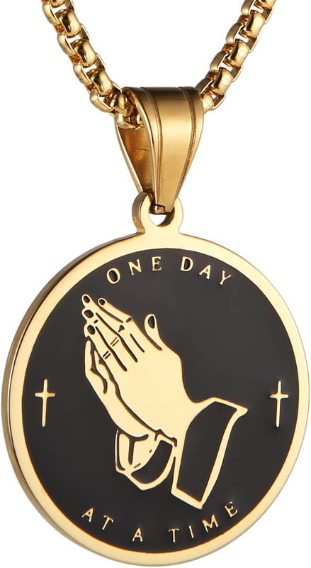 Stainless Steel Serenity Prayer Cross Pendant Necklace for Men Women Praying Han