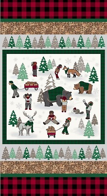Lumber Jack & Jane Bears & Children Christmas Fabric Panel Windham 24 x 43''