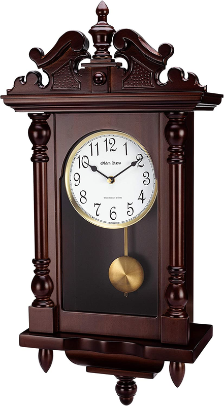 Olden Days Wall Clock with Real Wood, 4 Chime Options, Swinging Pendulum, Antiqu