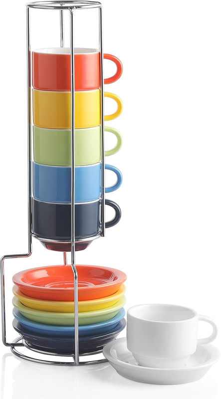 Porcelain Espresso Cup & Saucer Set, Stackable Demitasse Cups ...