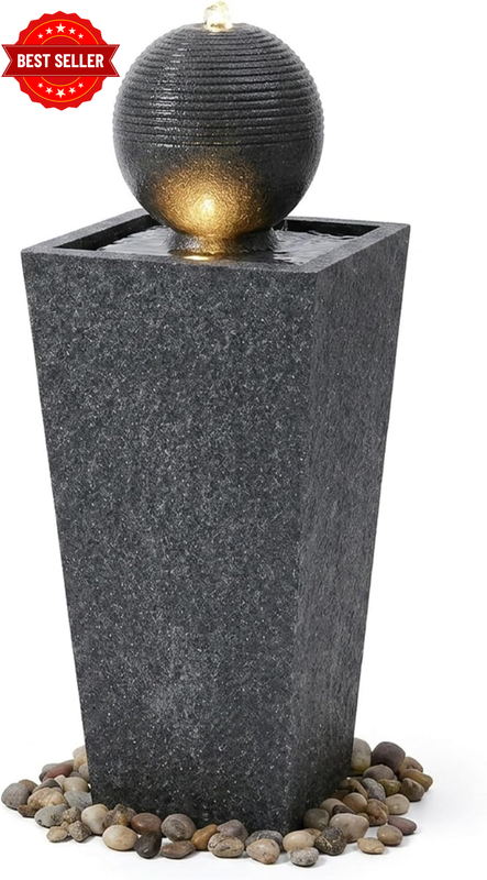 Zen Sphere Water Fountain with LED Light & Quiet Pump, Indoor Outdoor Decorative