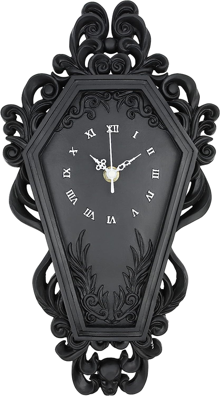 Coffin Wall Clock - Gothic Home Decor - Baroque Black Resin - Steampunk Skull -