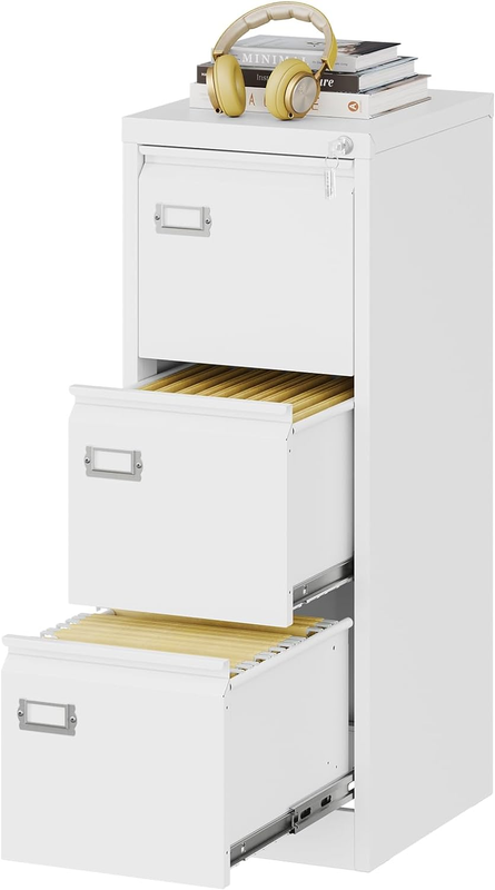 3 Drawers Vertical File Cabinets - 17.8" Deep Lockable Filing Cabinet - White Me