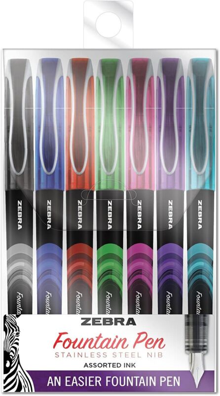 Zebra Fountain Pen, Fine Point, 0.6mm, Assorted Colors, Non-Toxic Ink, 7-Count