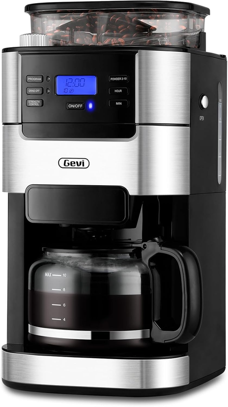 10-Cup Drip Coffee Maker with Built-In Grinder, Programmable Brew Coffee Machine with Timer, Reusable Filter, 1.5L Water Tank, Coffee Pot, Warming Plate Burr Grinder Combo